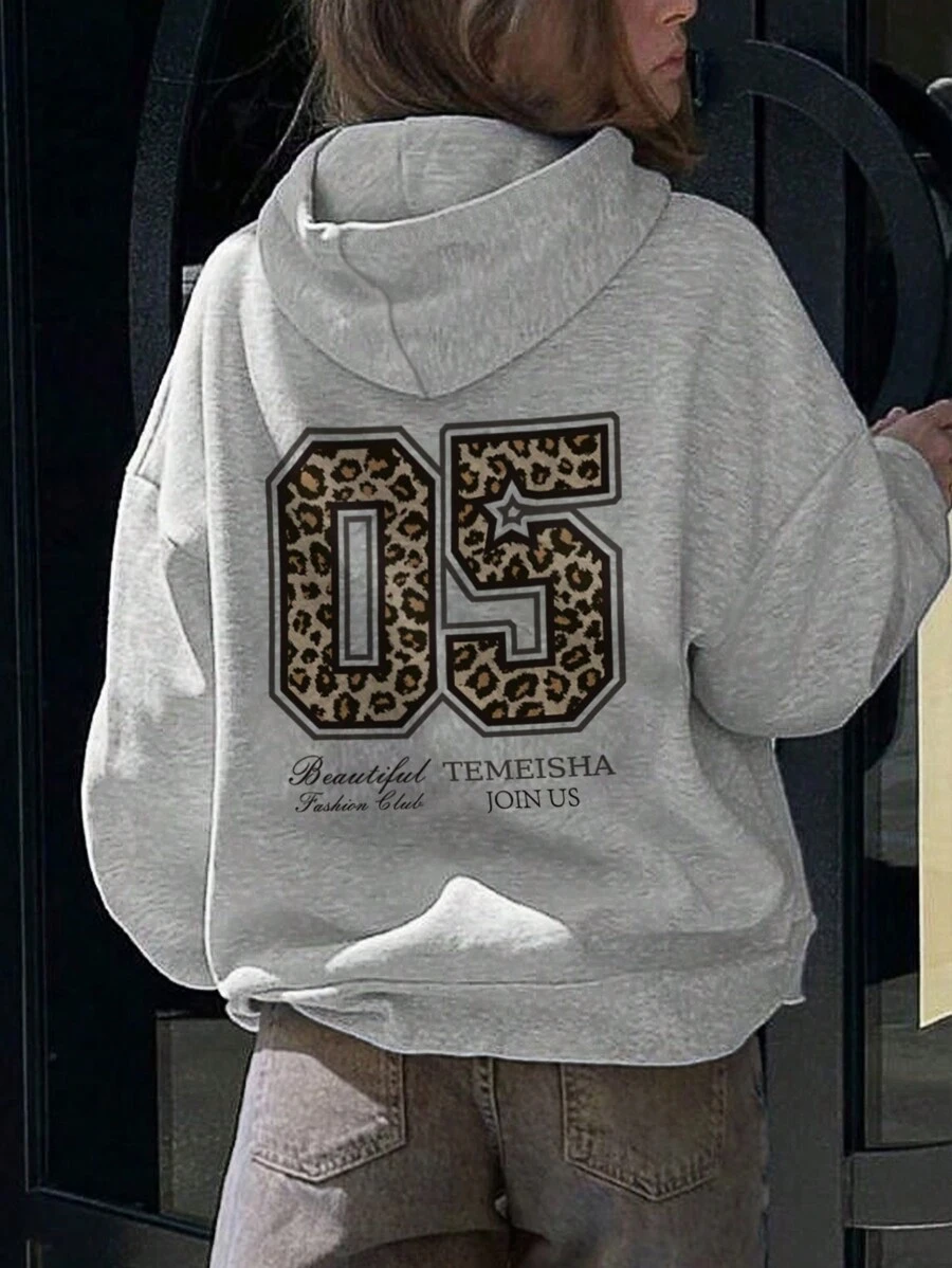 INAWLY 女士秋季抽绳长袖数字印花简约连帽衫、休闲日常穿着、长袖上衣 - 灰色 - 查看 1