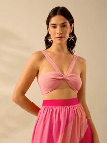 CAJUNI 女士吊带粉色超短款背心，度假休闲海滩夏季背心 - 西瓜粉 - 查看 5