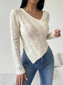 Chiquease 不对称下摆纯色针织毛衣，春秋休闲