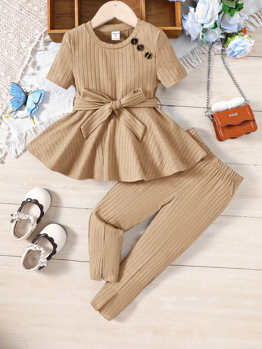 SHEIN 2 件套年轻女孩针织纯色圆领修身休闲上衣和修身长裤套装 - 卡其色 - 查看 1