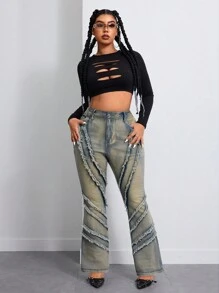 Plus Size Distressed Denim Wide Leg Jeans Fall Women Clothes - Light Wash - View 1
