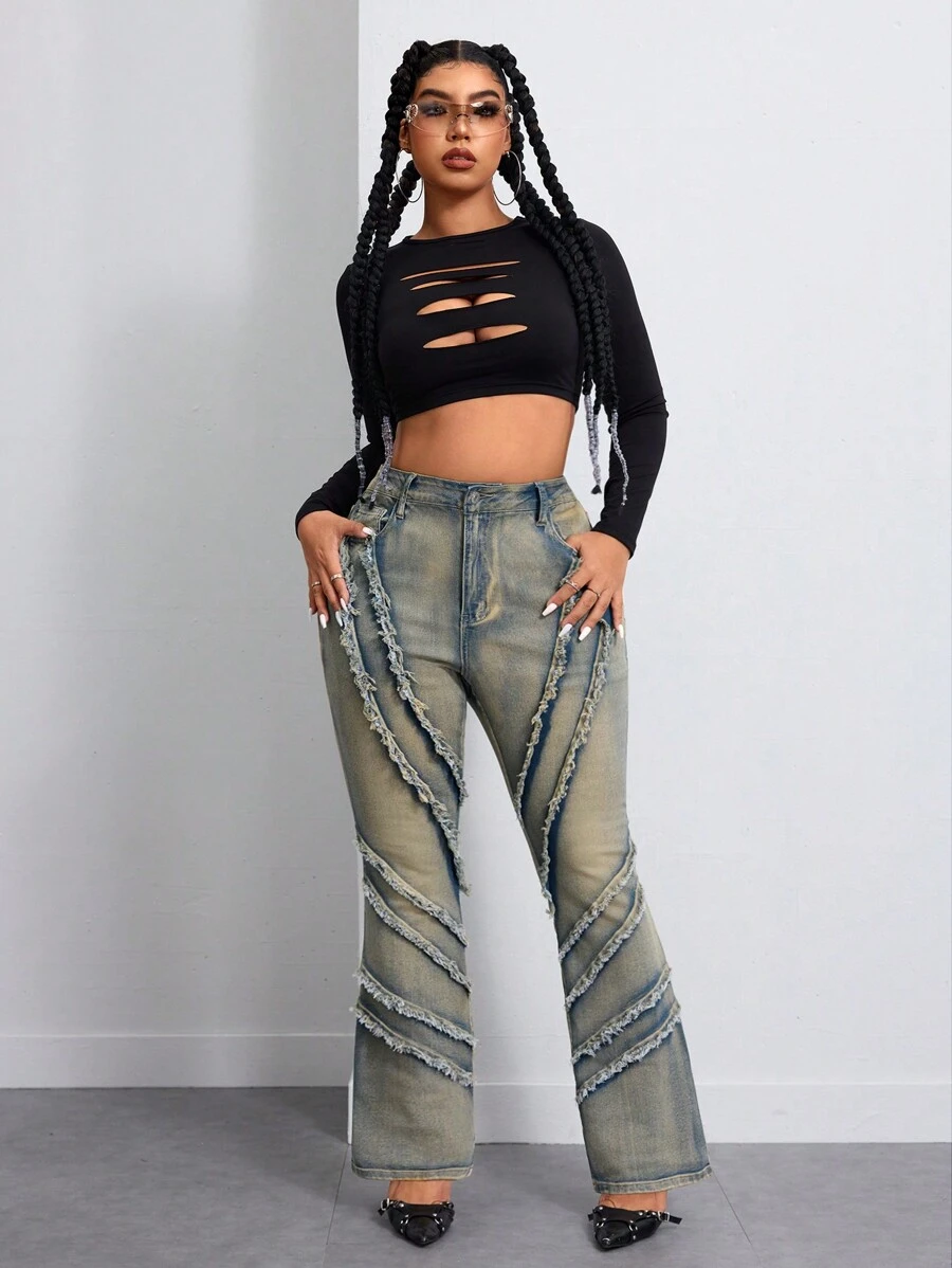 Plus Size Distressed Denim Wide Leg Jeans Fall Women Clothes - Light Wash - View 1