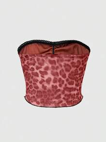 INAWLY Women's Sexy Leopard Lace Mesh Print Sheer Blouse - Red - View 2