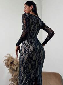 SHEIN Privé Damen elegantes romantisches Minimalismus Partykleid mit quadratischem Ausschnitt, Spitzenärmeln und Bodycon Schnitt