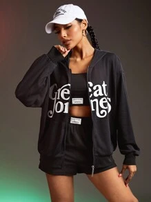 SHEIN Sports Áo khoác thể thao dài tay in chữ màu đen giản dị cho nữ có mũ trùm đầu có khóa kéo - màu đen - Xem 7