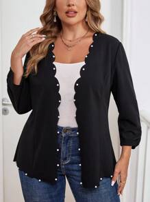 SHEIN Clasi 大码女式夹克，带刺绣衣领和褶皱珍珠袖口，适合教师，秋冬季 - 黑色 - 查看 1