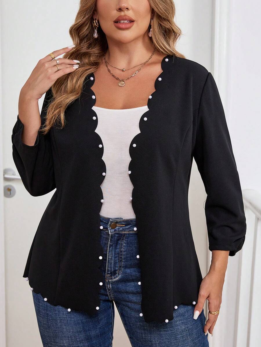 SHEIN Clasi 大码女式夹克，带刺绣衣领和褶皱珍珠袖口，适合教师，秋冬季 - 黑色 - 查看 1