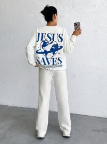 EURMUSE 100% Cotton Casual Comfortable Slogan Printed Drop Shoulder Sleeves Sweatshirt & Sweatpants Set Perfect For Winter And Autumn - White - View 1
