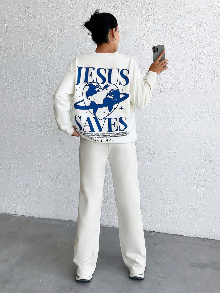 EURMUSE 100% Cotton Casual Comfortable Slogan Printed Drop Shoulder Sleeves Sweatshirt & Sweatpants Set Perfect For Winter And Autumn - White - View 1