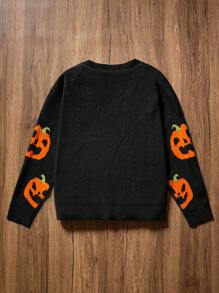 SHEIN EZwear Plus Size Women's Front Button Long Sleeve Pumpkin Orange Pattern Cardigan, Casual Daily Wear,Halloween Clothes,Halloween Curve