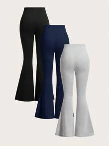 SHEIN EZwear Conjunto de 3 piezas de pantalones acampanados de talle alto ajustados en azul marino, gris y negro para mujer, Otoño/Invierno - Multicolor - Ver 2