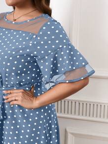SHEIN Clasi Plus Size Mesh Contrast Polka Dot Print Short Sleeve Lace-Up Casual Dress, For Summer - Dusty Blue - View 7