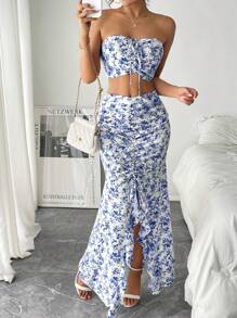 Pariaura Shirred Bandeau Top & Split Maxi Skirt With Ditsy Floral, Summer Outfit For Women, 2 Pieces Set - Blue and White - View 3