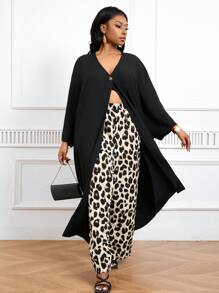 SHEIN Lady Conjunto de dos piezas con top tipo bata con abertura y pantalones con estampado de leopardo para mujer. Vestidos elegantes de fiesta de otoño 2024 - Multicolor - Ver 1
