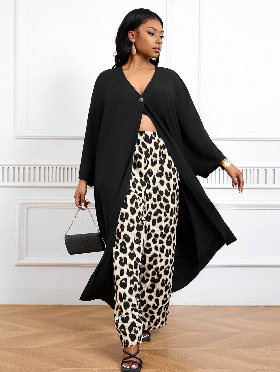 SHEIN Lady Women's Black Slit Robe Top And Leopard Print Trousers Two-Piece Set 2024 Fall Dresses Elegant Party - Multicolor - View 1