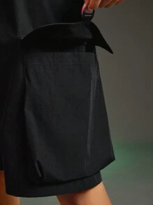 SHEIN Sports Women's Solid Color Pleated Cargo Pocket Relaxed Sporty Shorts - Black - View 4