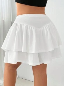 SHEIN EZwear 大码女式荷叶边下摆纯色裤裙 - 白色 - 查看 2