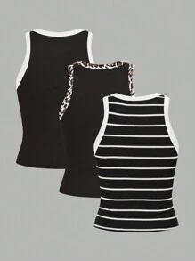 SHEIN LUNE 3pcs/Set Contrast Trim Scoop Neck Tank Tops Sports Outdoor Casual Tank Top For Women