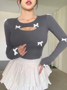 DAZY New Arrival Autumn Bow Decor Slim Fit T-Shirt For Women Long Sleeve Women Tops - Grey - View 3