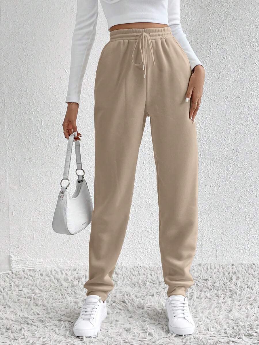 SHEIN Tall 女士抽绳腰部口袋慢跑休闲运动裤 - 咖啡棕 - 查看 1