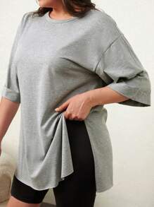 EURMUSE Plus Size  Two Side High Slit Oversize T-Shirt - Grey - View 5
