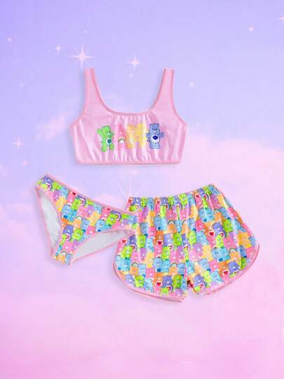 ROMWE X Care Bears 3pcs Women's Cute Cartoon Bear Print Lingerie Set