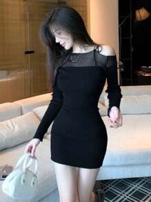 DAZY 女士不对称肩部系带拼布毛衣裙，适合派对/返校季、秋季服装