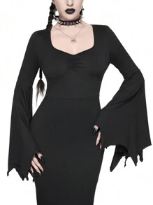 ROMWE Gothic Halloween Flare Sleeve Solid Black Mermaid Hem Dress With Sweetheart Neckline For Women - Black - View 2