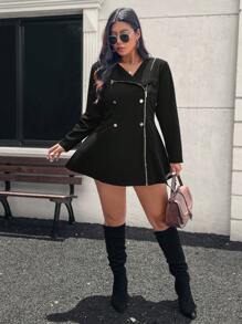 SHEIN LUNE Áo khoác Blazer tay dài đơn giản có nút và khóa kéo cỡ lớn dành cho trang phục thường ngày, Áo khoác dạ nữ gợi cảm Quần áo mùa đông - màu đen - Xem 5
