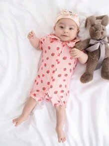 嬰兒女童針織軟草莓圖案翻領荷葉袖連體褲，前扣短袖設計 - 杏色 - 查看 7