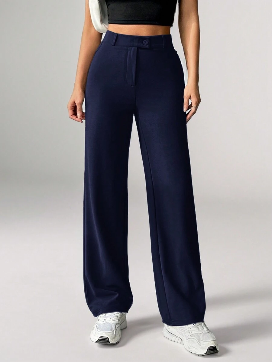 SHEIN Tall Women's Solid Color Zipper Built-In Straight Pants - Navy Blue - View 1