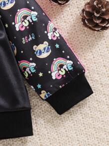Baby Girl Rainbow Bear Graphic Casual Stylish Jacket, Bomber Jacket Baby Girl - Black - View 4