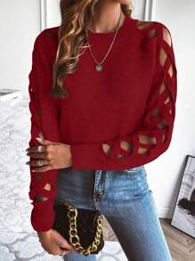 Chiquease 女士圆领长袖休闲毛衣，长袖上衣，针织套头衫，秋冬款 - 酒紅色 - 查看 5