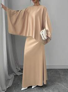 Chiquease 法式奢华圆领蝙蝠袖衬衫和优雅鱼尾中裙女款 2 件套 - 卡其色 - 查看 5