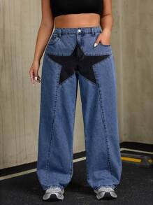 SHEIN ICON Plus Size Women Pocket Pentagram Graphic Wide-Leg Loose Casual Denim Jeans