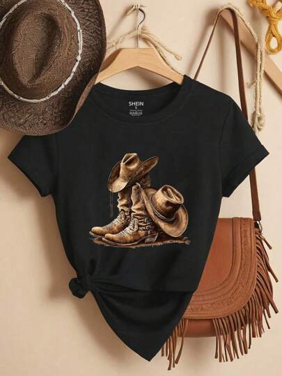 EMERY ROSE Women's Short Sleeve Cowboy Boots And Hat Print T-Shirt Casual Short Sleeve Crew Neck Top Graphic Tees Women Tops