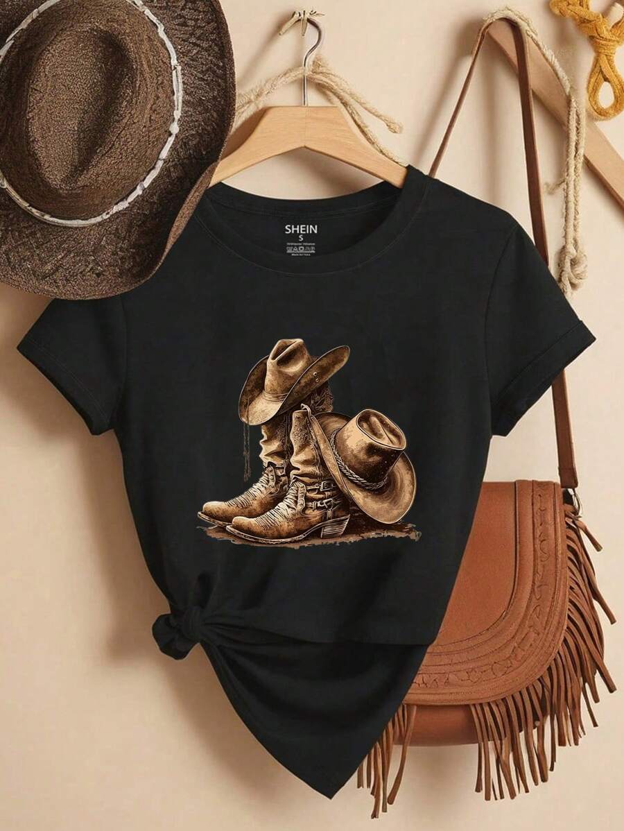 EMERY ROSE Women's Short Sleeve Cowboy Boots And Hat Print T-Shirt Casual Short Sleeve Crew Neck Top Graphic Tees Women Tops - Black - View 1