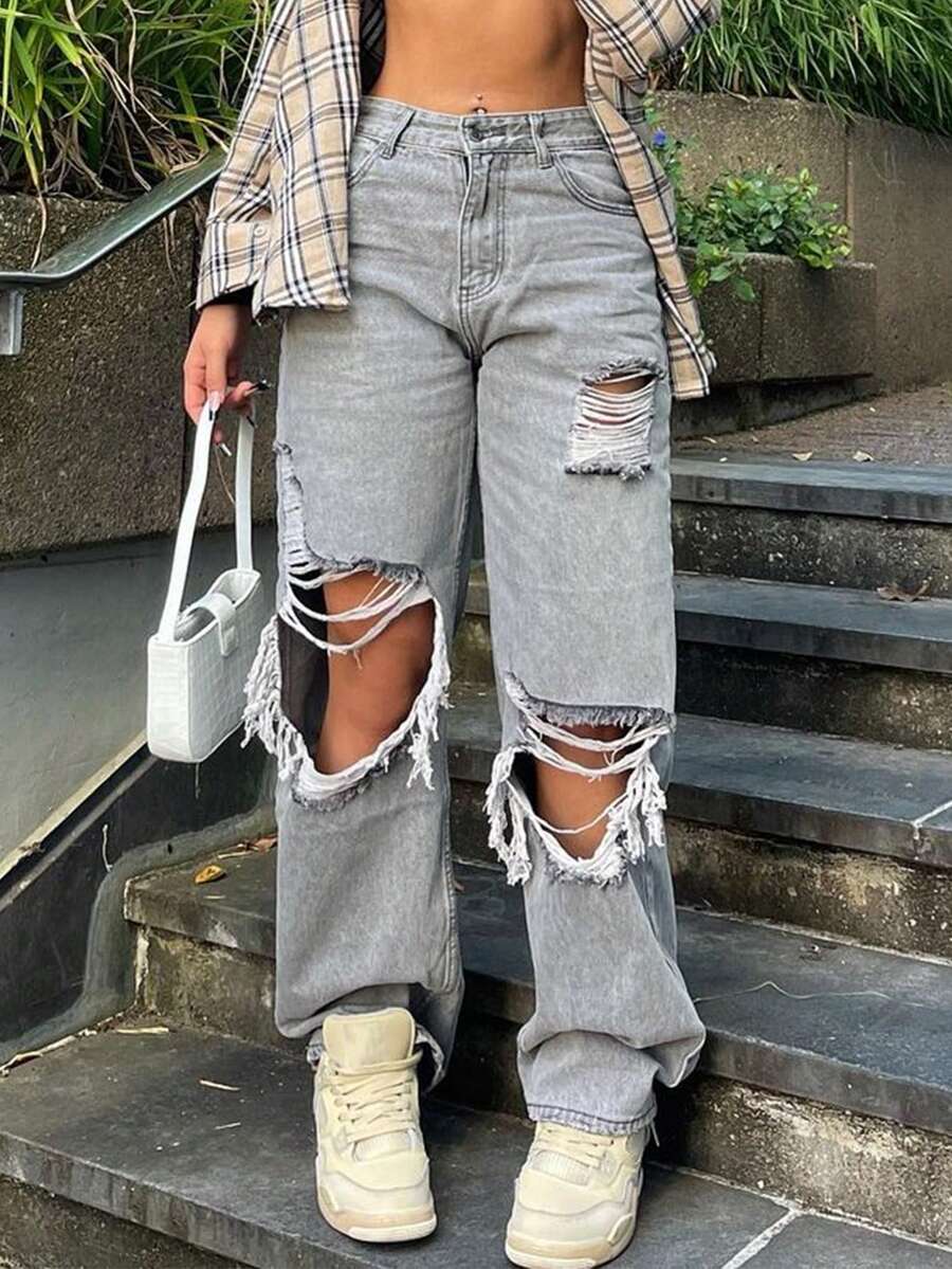 复古休闲中腰镂空做旧毛边斜插口袋直筒牛仔裤 - 灰色 - 查看 1