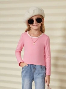 Tricou casual pentru fetiță tânără, tricot, de culoare solidă, cu model de inimă