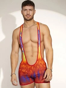 FeverCity Men's Knit Flame Pattern Print Bib Overall Pants - Multicolor - View 5