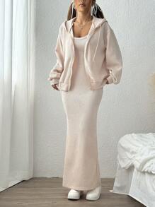 SHEIN EZwear 2 Stück Set für Damen bestehend aus einfarbiger Kapuzenjacke mit Reißverschluss vorne und lässigem Kleid