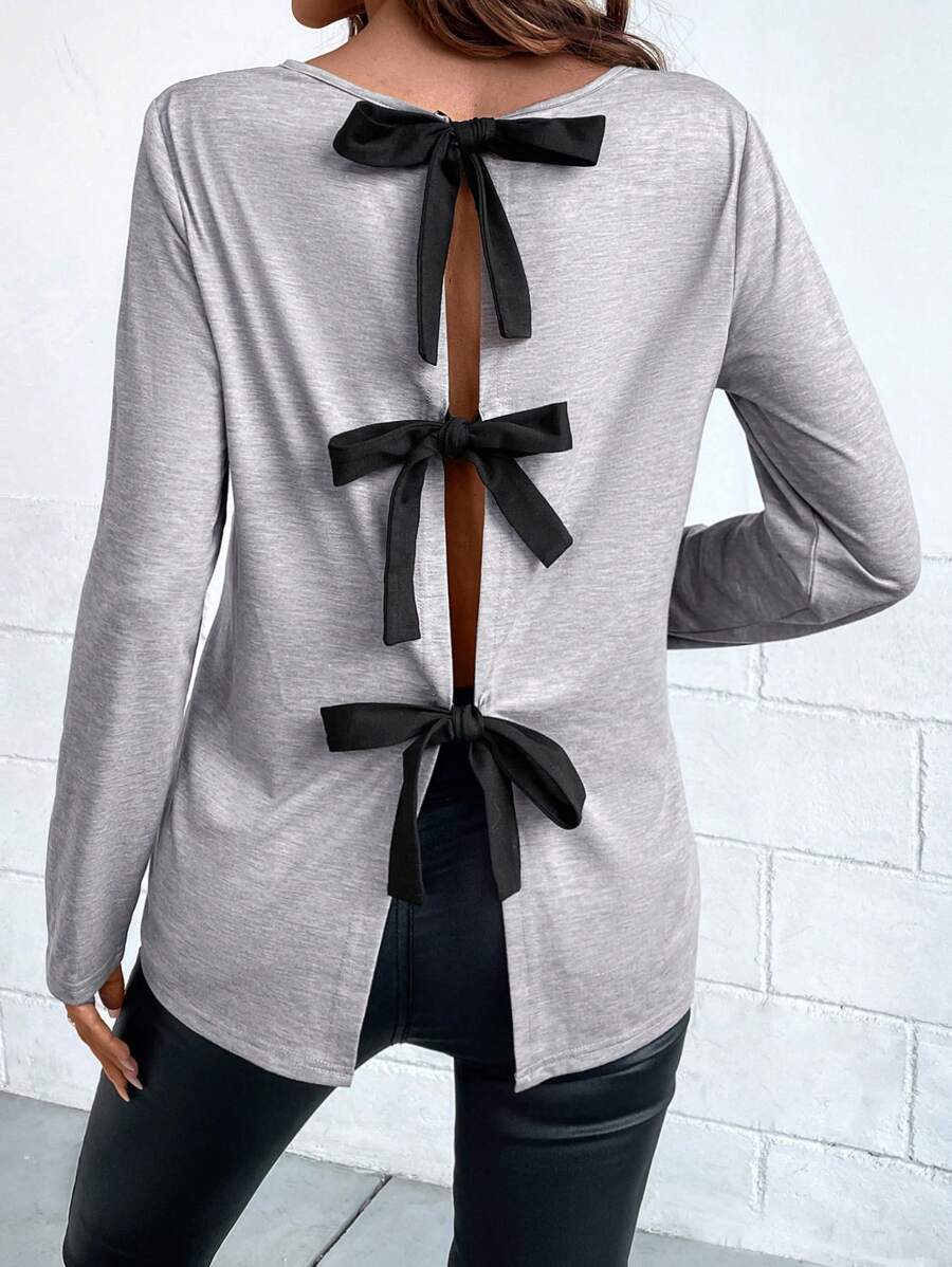 SHEIN LUNE Camiseta de manga larga con cuello redondo, espalda con recorte y detalle de lazo - Multicolor - Ver 1