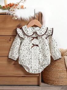 Baby Girls Floral Printed Ruffled Collar Bodysuit With Lace Trim Front Panel, Cute Designer Autumn Fashion - Apricot - View 1