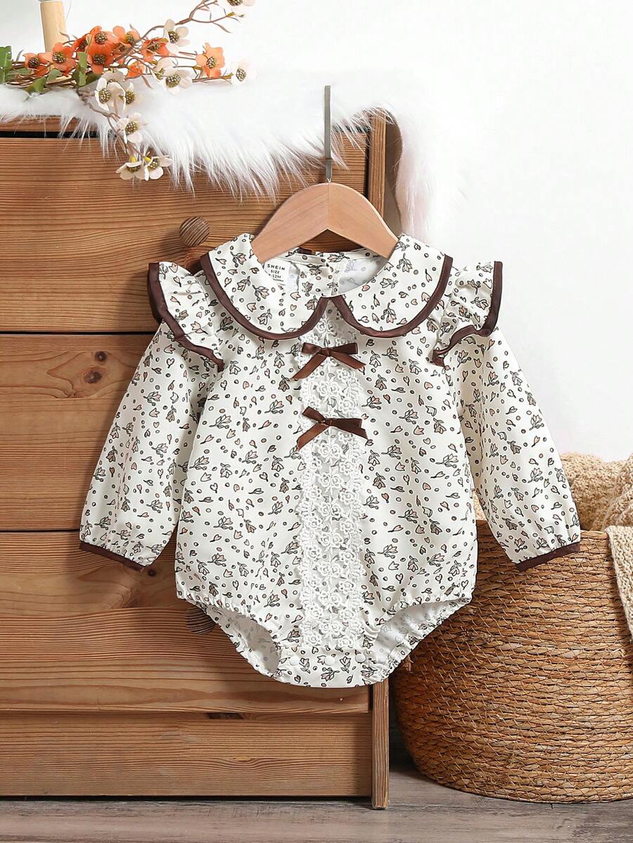 Baby Girls Floral Printed Ruffled Collar Bodysuit With Lace Trim Front Panel, Cute Designer Autumn Fashion - Apricot - View 1