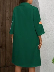 SHEIN Clasi Váy sơ mi in hoa hở trước thường ngày cỡ lớn mùa xuân/thu - Màu xanh lá cây đậm - Xem 2