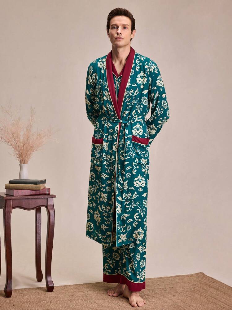Bata larga con cuello de chal, manga larga y estampado floral de color block para hombres - Multicolor - Añade 1