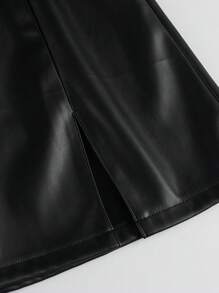 1 件女式纯色侧开衩下摆 PU 皮革时尚迷你裙 - 黑色 - 查看 7