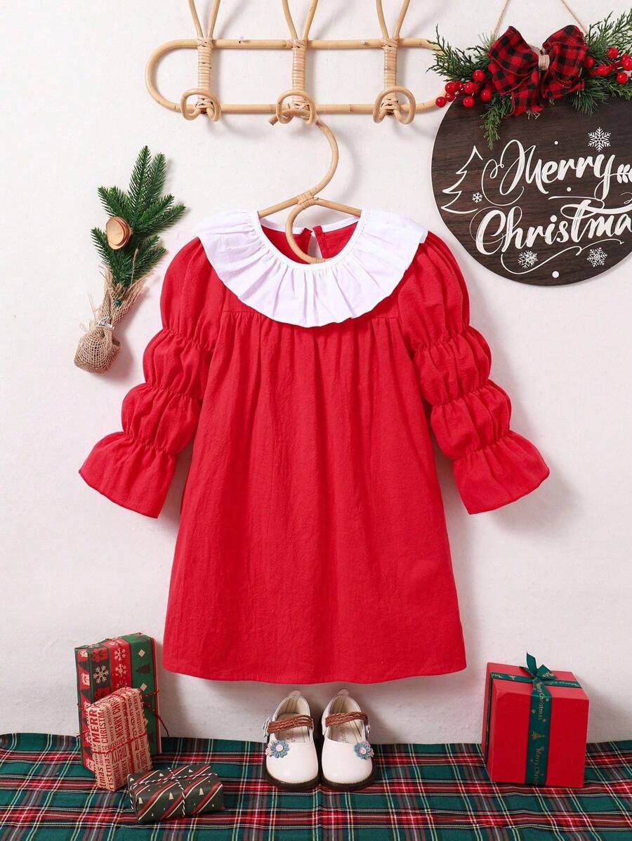Young Girl Fashionable Simple Christmas Colorblock Dress - Red - View 1