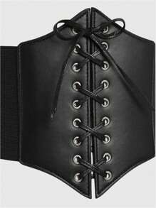 ROMWE Goth 系带 PU 皮革紧身胸衣（配腰带）（万圣节） - 黑色 - 查看 2