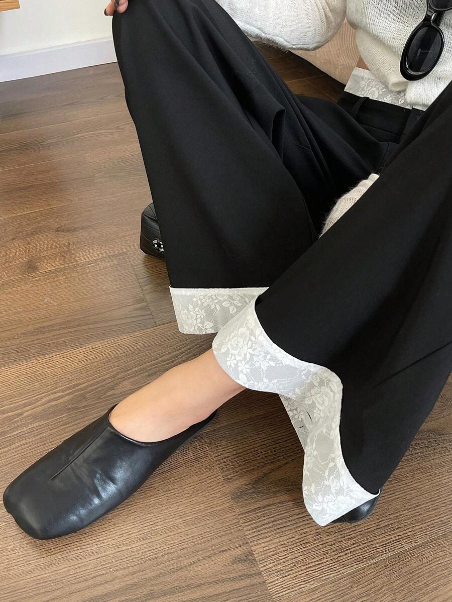 DAZY 女士休闲拼接撞色阔腿裤,带口袋,商务休闲装 - 黑色 - 查看 1